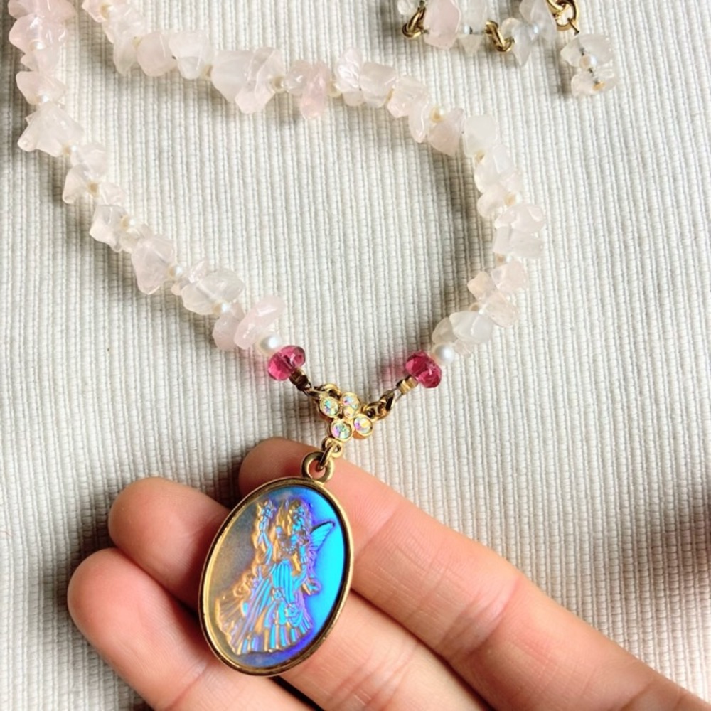 Vintage Kirks Folly Fairy Godmother Aurora Borealis Pink Quartz Crystal Necklace - Picture 8 of 11